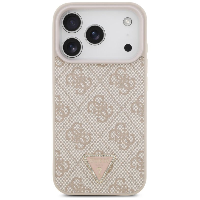 Калъф Guess PU Leather 4G Strass Triangle Logo Gold Frame MagSafe за iPhone 17 Pro Max - Pink