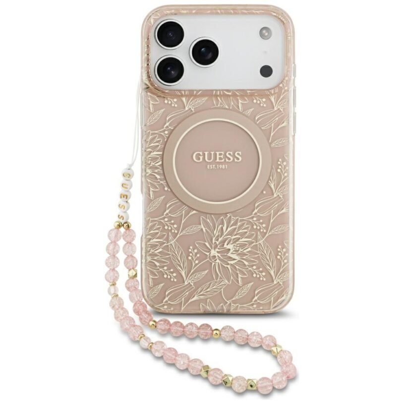 Калъф Guess IML Flowers Allover Electroplated with Pearl Strap MagSafe за iPhone 17 Pro Max - Pink