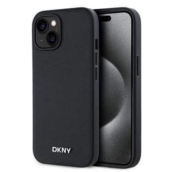 Луксозен калъф DKNY PU Leather Silver Metal Logo MagSafe Case за iPhone 15 - Black