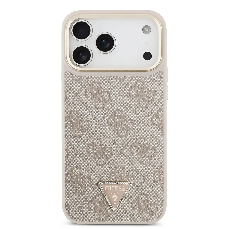 Луксозен кейс Guess PU Leather 4G Strass Triangle Logo Gold Frame MagSafe Case за iPhone 17 Pro Max - Pink