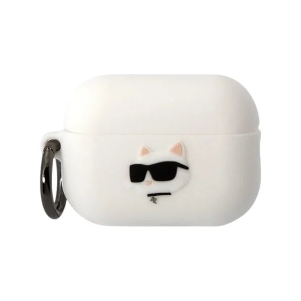 Силиконов калъф Karl Lagerfeld за AirPods Pro 2, 3D Logo NFT Choupette Head Silicone Case, С карабинер, Бял